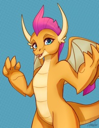 Size: 1560x2017 | Tagged: safe, artist:dumddeer, smolder, dragon, g4, claws, dragoness, fangs, female, horns, looking at you, open mouth, simple background, smiling, solo, spread wings, teenaged dragon, teenager, wings