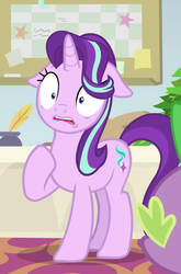 Size: 515x778 | Tagged: safe, screencap, phyllis, spike, starlight glimmer, dragon, pony, unicorn, a horse shoe-in, g4, cropped, cutie mark, female, floppy ears, hooves, mare, offscreen character, shocked, starlight glimmer is best facemaker, winged spike, wings