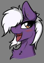 Size: 519x737 | Tagged: safe, artist:arjinmoon, oc, oc only, oc:nighty cloud, pegasus, pony, blushing, bust, chest fluff, ear piercing, female, gray background, piercing, simple background, solo, tongue out
