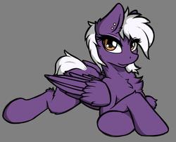 Size: 1232x994 | Tagged: safe, artist:arjinmoon, oc, oc only, oc:nighty cloud, pegasus, pony, chest fluff, ear piercing, female, gray background, looking at you, lying down, piercing, simple background, solo, wings