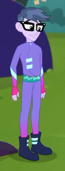 Size: 224x591 | Tagged: safe, screencap, micro chips, equestria girls, g4, my little pony equestria girls: choose your own ending, the road less scheduled, the road less scheduled: micro chips, boots, clothes, cropped, fingerless gloves, gloves, male, mc dex fx, shoes, smiling, solo