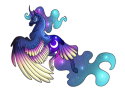 Size: 1024x768 | Tagged: safe, artist:loryska, princess luna, pony, g4, colored wings, curved horn, female, flying, horn, mare, multicolored wings, rainbow power, simple background, solo, tail feathers, transparent background, wings