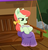 Size: 616x636 | Tagged: safe, screencap, apple juice (g4), earth pony, pony, g4, my little pony: rainbow roadtrip, background pony, blanket, bow, bowl, female, food, hair bow, mare, porch, sad, sick, solo, soup