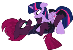 Size: 12775x8803 | Tagged: safe, artist:ejlightning007arts, tempest shadow, twilight sparkle, alicorn, pony, g4, armor, broken horn, eye scar, female, horn, lesbian, looking at each other, lying down, pinned, scar, ship:tempestlight, shipping, simple background, transparent background, twilight sparkle (alicorn), vector