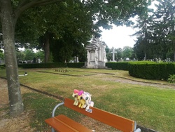 Size: 3968x2976 | Tagged: safe, photographer:cmc--scootaloo, apple bloom, scootaloo, sweetie belle, earth pony, pegasus, pony, unicorn, g4, architecture, austria, bench, cross, cutie mark crusaders, female, filly, flower, foal, grass, grave, gravestone, graveyard, haunted, high res, irl, monument, outdoors, photo, photography, plant, plushie, ponies around the world, ponies around the world 2019, pony on earth, pony plushie, statue, tomb, tree, trio, vienna, vienna central cemetery