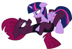 Size: 12775x8803 | Tagged: safe, alternate version, artist:ejlightning007arts, edit, tempest shadow, twilight sparkle, alicorn, pony, g4, broken horn, clothes, eye scar, female, horn, jumpsuit, lesbian, looking at each other, lying down, pinned, scar, ship:tempestlight, shipping, simple background, transparent background, twilight sparkle (alicorn), vector