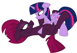 Size: 12775x8803 | Tagged: safe, alternate version, artist:ejlightning007arts, edit, tempest shadow, twilight sparkle, alicorn, pony, g4, broken horn, eye scar, female, horn, lesbian, looking at each other, lying down, pinned, scar, ship:tempestlight, shipping, simple background, transparent background, twilight sparkle (alicorn), vector