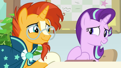 Size: 1920x1080 | Tagged: safe, screencap, starlight glimmer, sunburst, pony, a horse shoe-in, g4, looking at each other, smiling, starlight's office