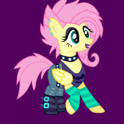 Size: 1500x1500 | Tagged: safe, artist:php185, artist:rustle-rose, fluttershy, pony, equestria girls, g4, my little pony equestria girls: choose your own ending, the road less scheduled, the road less scheduled: fluttershy, alternate hairstyle, choker, clothes, equestria girls outfit, eyeshadow, female, flutterpunk, human pony fluttershy, lipstick, makeup, ponified, purple background, simple background, solo, spiked choker, stock vector, tank top, vector