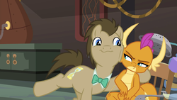 Size: 1920x1080 | Tagged: safe, screencap, doctor whooves, smolder, time turner, dragon, earth pony, pony, a horse shoe-in, g4, bowtie, cheek squish, cheek to cheek, claws, cute, cutie mark, doctorbetes, dragoness, duo, faic, female, horns, invention, laboratory, male, passionate, side hug, slit pupils, smolder is not amused, smoldere, squishy cheeks, stallion, teenaged dragon, teenager, tsundere, unamused, unimpressed