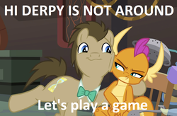 Size: 1091x717 | Tagged: safe, edit, edited screencap, screencap, doctor whooves, smolder, time turner, dragon, earth pony, pony, a horse shoe-in, g4, caption, cheek squish, female, male, squishy cheeks, stallion