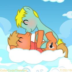 Size: 1536x1536 | Tagged: safe, artist:colorcodetheartist, earth pony, pegasus, pony, blushing, bunny (south park), butters stotch, clothes, colt, eye scar, gay, kenny mccormick, lying on a cloud, male, non-mlp shipping, nuzzling, ponified, scar, scarf, south park