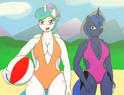 Size: 936x720 | Tagged: safe, artist:afhybrid, princess celestia, princess luna, anthro, g4, beach, beach ball, breasts, busty princess celestia, busty princess luna, clothes, duo, female, hat, one-piece swimsuit, royal sisters, sun hat, swimsuit