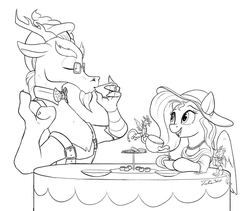 Size: 2000x1689 | Tagged: safe, artist:tsitra360, discord, fluttershy, draconequus, pegasus, pony, g4, butler, clothes, dress, dressup, food, hat, lineart, micro, sipping, sketch, sun hat, suspenders, tea, tea party