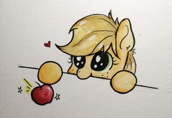 Size: 3836x2640 | Tagged: safe, artist:lightisanasshole, applejack, earth pony, pony, g4, :t, adorkable, apple, big eyes, bronybait, cute, dork, ear fluff, female, food, heart, high res, jackabetes, nom, shiny, solo, stars, table, traditional art, watching, watercolor painting