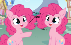 Size: 5187x3274 | Tagged: safe, artist:slb94, artist:tjpones, pinkie pie, earth pony, pony, g4, clone, cute, dialogue, diapinkes, female, mare, no u, open mouth, pointing, self ponidox