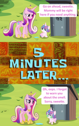 Size: 1900x3000 | Tagged: safe, anonymous artist, princess cadance, princess flurry heart, pony, g4, baby, cephalopod lodge, comic, diaper, disgusted, female, green face, mother and daughter, outhouse, port-a-potty, potty time, smelly, spongebob squarepants, spongebob time card, toilet