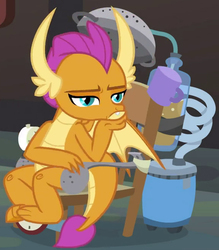 Size: 579x660 | Tagged: safe, screencap, smolder, dragon, a horse shoe-in, g4, bored, chair, claws, cropped, dragoness, faic, fangs, female, grumpy, hand on chin, horns, invention, kid, laboratory, narrowed eyes, pouting, sitting, slit pupils, smolder is not amused, solo, spread wings, teenaged dragon, teenager, toes, unamused, underbite, wings