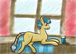 Size: 2480x1754 | Tagged: safe, artist:dumbprincess, oc, oc only, oc:frizzy brush, pony, blanket, cup, drink, food, lying down, pouting, solo, tea, window
