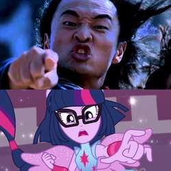 Size: 768x768 | Tagged: safe, edit, screencap, sci-twi, twilight sparkle, human, equestria girls, equestria girls specials, g4, my little pony equestria girls: better together, my little pony equestria girls: forgotten friendship, angry, cary-hiroyuki tagawa, irl, irl human, liu kang, mortal kombat, mortal kombat (movie), photo, pointing, shang tsung, your soul is mine