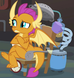 Size: 636x672 | Tagged: safe, screencap, smolder, dragon, a horse shoe-in, g4, claws, cropped, crossed arms, crossed legs, dragoness, fangs, female, horns, invention, kid, laboratory, raised eyebrow, solo, spread wings, teenaged dragon, teenager, toes, unimpressed, wings