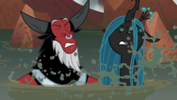 Size: 1920x1080 | Tagged: safe, screencap, lord tirek, queen chrysalis, centaur, changeling, changeling queen, frenemies (episode), g4, duo, eyes closed, female, male, nose piercing, nose ring, piercing, septum piercing, water