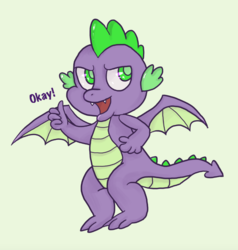 Size: 815x856 | Tagged: safe, artist:jaegerjaques, artist:juspeczik, spike, dragon, g4, green background, green eyes, male, okay, simple background, smiling, solo, spiked tail, thumbs up, winged spike, wings