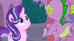 Size: 728x408 | Tagged: safe, screencap, spike, starlight glimmer, dragon, pony, unicorn, g4, the beginning of the end, animated, cutie mark, duo, faceless male, female, flying, gif, male, mare, offscreen character, one eye closed, raised eyebrow, raised hoof, winged spike, wings, wink