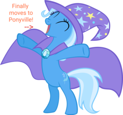 Size: 1190x1110 | Tagged: safe, edit, trixie, a horse shoe-in, g4, cape, clothes, cute, happy, hat, standing, text, trixie's cape, trixie's hat