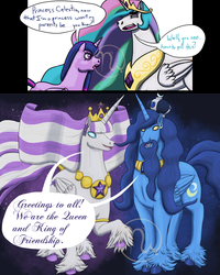 Size: 2000x2500 | Tagged: safe, artist:azurllinate, night light, princess celestia, twilight sparkle, twilight velvet, alicorn, pony, g4, accessory, alicornified, beard, blue eyes, blue mane, blue tail, cloven hooves, comic strip, crown, facial hair, female, flowing mane, flowing tail, glowing eyes, high res, jewelry, king, long hair, male, necklace, nighticorn, pink eyes, queen, race swap, regalia, smiling, sparkles, speech, speech bubble, twilight sparkle (alicorn), twilight's parents, two tails, unshorn fetlocks, velveticorn