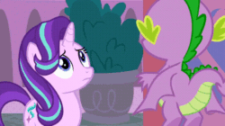Size: 728x408 | Tagged: safe, screencap, spike, starlight glimmer, dragon, pony, unicorn, a horse shoe-in, g4, the beginning of the end, animated, cartoon physics, cutie mark, duo, female, flying, gif, male, mare, one eye closed, raised eyebrow, raised hoof, winged spike, wings, wink