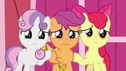 Size: 1920x1080 | Tagged: safe, screencap, apple bloom, scootaloo, sweetie belle, pony, g4, the last crusade, cutie mark crusaders, key to the city, sad