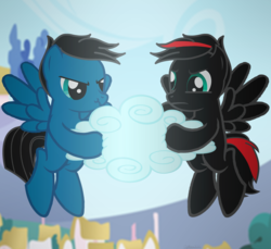 Size: 3600x3300 | Tagged: safe, artist:agkandphotomaker2000, oc, oc:arnold the pony, oc:pony video maker, pegasus, pony, cloud, fight, fighting over something, high res, ponyville, red and black mane, red and black oc