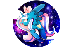 Size: 2436x1608 | Tagged: safe, artist:laylasagna7, oc, oc:fleurbelle, alicorn, pony, adorabelle, adorable face, alicorn oc, bow, cute, female, flying, hair bow, happy, mare, ocbetes, space, stars