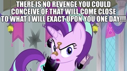Size: 2048x1152 | Tagged: safe, edit, edited screencap, screencap, starlight glimmer, a horse shoe-in, g4, to where and back again, angry, caption, excessive exclamation marks, image macro, implied queen chrysalis, intimidating, quote, revenge, scary, text, threat