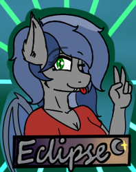 Size: 234x295 | Tagged: safe, artist:eclipsepenumbra, artist:eclipsethebat, oc, oc only, oc:eclipse penumbra, bat pony, anthro, badge, bat pony oc, con badge, female, solo, tongue out