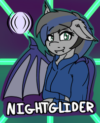 Size: 234x288 | Tagged: safe, artist:eclipsepenumbra, artist:eclipsethebat, oc, oc only, oc:nightglider, bat pony, anthro, badge, bat pony oc, bat wings, clothes, con badge, cutie mark, hoodie, smiling, solo, wings