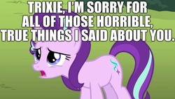 Size: 2048x1152 | Tagged: safe, edit, edited screencap, screencap, starlight glimmer, trixie, a horse shoe-in, g4, apology, caption, image macro, text