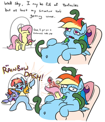 Size: 874x1014 | Tagged: safe, artist:jargon scott, bow hothoof, fluttershy, rainbow dash, windy whistles, pegasus, pony, comic:hotel rainbow, g4, all the way through, bags under eyes, belly button, bipedal, chair, comic, dialogue, door, faic, female, frown, infestation, male, mare, onomatopoeia, oof, open mouth, pillow, sitting, smiling, soda, soda can, stallion, tempting fate, tentacle infestation, tentacles