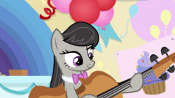 Size: 800x450 | Tagged: safe, screencap, octavia melody, earth pony, pony, a horse shoe-in, g4, animated, balloon, cello, classroom, dexterous hooves, female, musical instrument, playing instrument, poster, school of friendship, solo, table