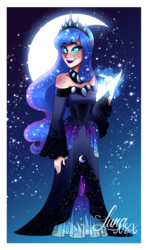 Size: 1640x2760 | Tagged: safe, artist:djspark3, princess luna, human, g4, body freckles, clothes, crescent moon, dress, ethereal mane, female, freckles, galaxy mane, humanized, moon, smiling, solo, transparent moon