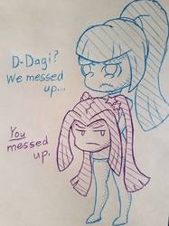 Size: 1468x1958 | Tagged: safe, artist:tethered-angel, aria blaze, sonata dusk, equestria girls, g4, dialogue, disembodied head, female, funny, headless, ink, modular, severed head, traditional art