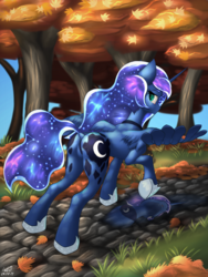 Size: 2400x3200 | Tagged: safe, artist:catdclassic, princess luna, alicorn, pony, g4, autumn, butt, constellation, female, forest, high res, leaves, looking at you, looking back, looking back at you, plot, rear view, reflection, solo, space, spill, spread wings, tree, wings