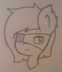 Size: 1278x1471 | Tagged: safe, artist:lightning135, oc, oc only, earth pony, pony, black and white, bust, ear piercing, eyepatch, femboy, frown, grayscale, male, monochrome, piercing, traditional art