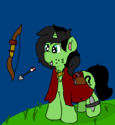 Size: 1440x1561 | Tagged: safe, artist:scotch, oc, oc only, oc:filly anon, earth pony, pony, arrow, bow (weapon), bow and arrow, chest fluff, cloak, clothes, dagger, female, filly, freckles, knife, quiver, solo, tongue out, weapon