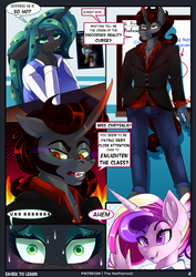 Size: 1476x2084 | Tagged: safe, artist:theneithervoid, king sombra, princess cadance, queen chrysalis, anthro, comic:eager to learn, g4, blushing, class, clothes, comic, female, male, school, ship:chrysombra, shipping, straight, sweat, teacher, uniform