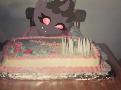 Size: 1024x767 | Tagged: safe, artist:nootaz, oc, oc only, oc:dazzling flash, changeling, pony, birthday cake, cake, changeling oc, food, irl, photo, ponies in real life, ponified meme, purple changeling