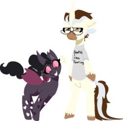 Size: 717x702 | Tagged: safe, artist:nootaz, oc, oc only, oc:dazzling flash, oc:reaper, changeling, pony, unicorn, acronym, changeling oc, clothes, dilf, father's day, glasses, male, purple changeling, shirt, smiling, standing, unamused, unicorn oc
