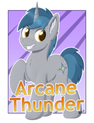 Size: 2588x3372 | Tagged: safe, artist:arcane-thunder, oc, oc only, oc:arcane thunder, pony, unicorn, abstract background, badge, con badge, ear fluff, high res, male, passepartout, simple background, solo, stallion