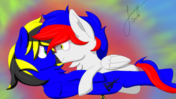 Size: 2560x1440 | Tagged: safe, artist:jimmy draws, oc, oc only, oc:doodman, oc:speedy patriot, pegasus, pony, abstract background, boop, commission, cutie mark, eye contact, looking at each other, on back, smiling